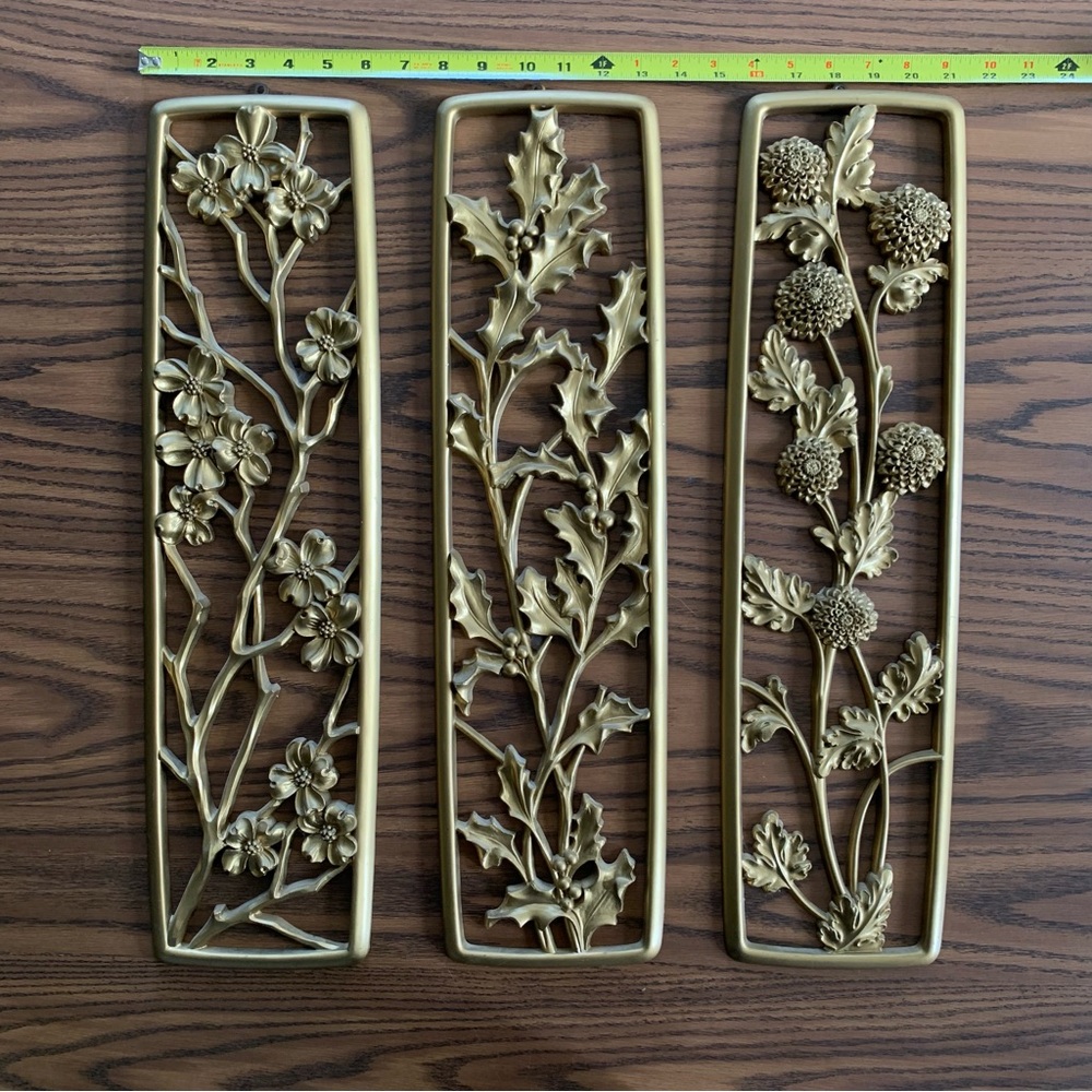 Vintage 1960s Mid Century Syroco Gold Floral Seasons Wall Hangings Set of 3 - Picture 5 of 7